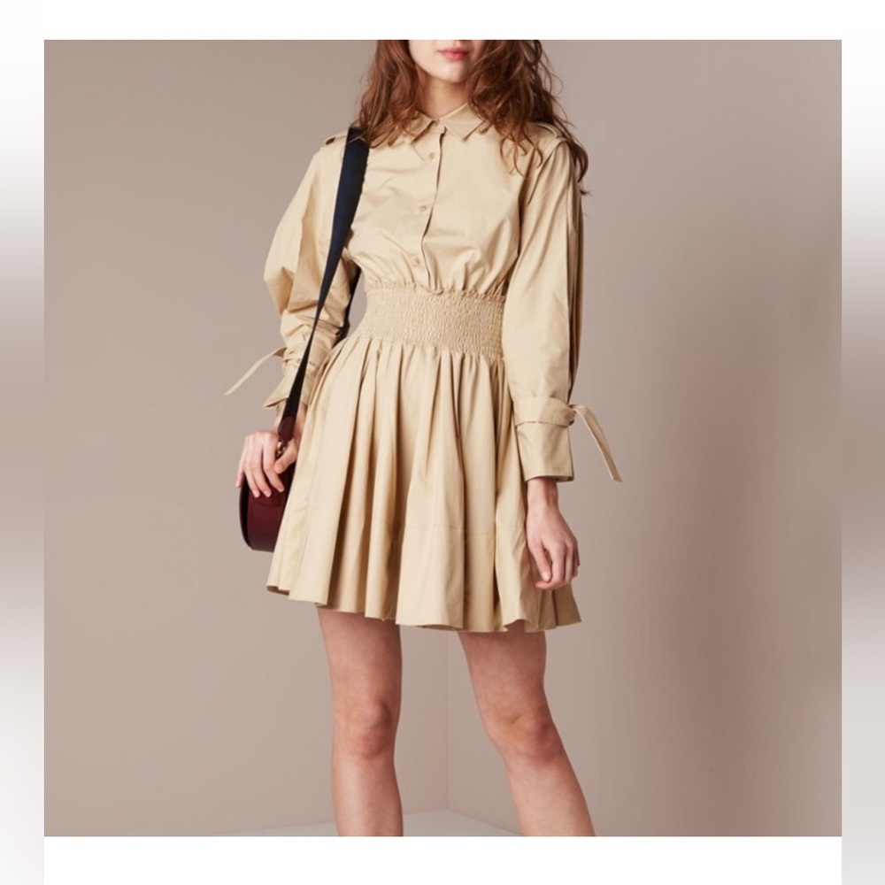 Maje Smocked Waist Shirtdress Ralix in Beige